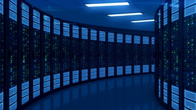 在Modern Datacanter中移动工作服务器。云计算数据存储。复杂的计算。循环3D动画。
