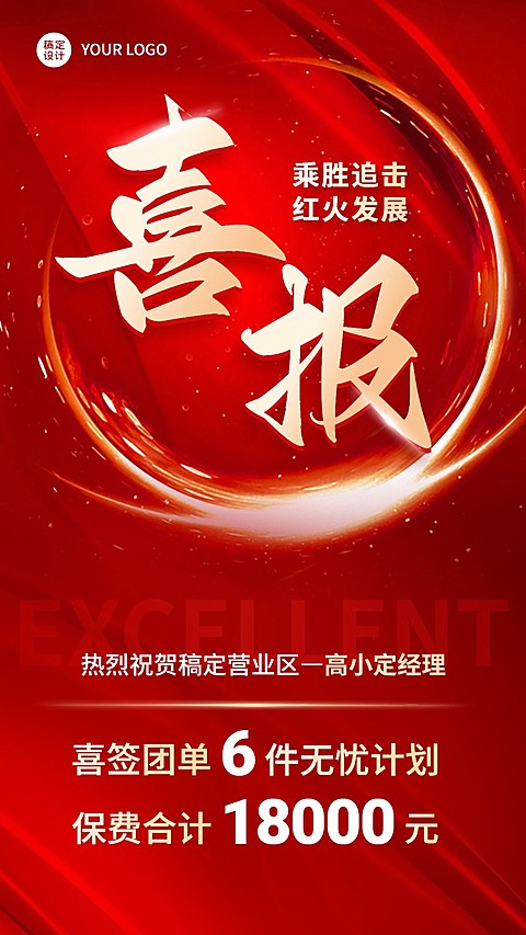 金融保险销售业绩表彰喜报喜庆大字手机海报