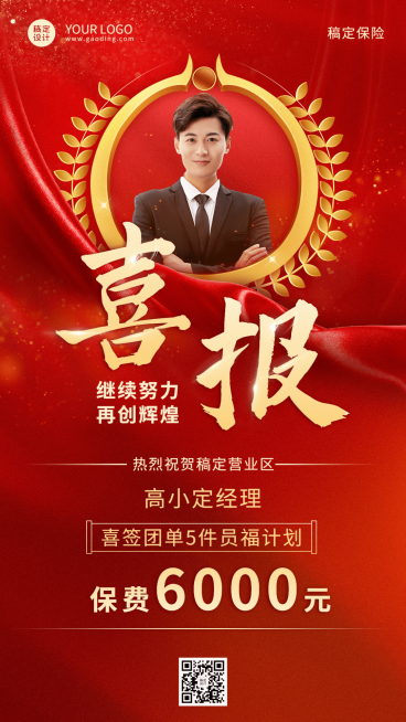 金融保险销售表彰业绩喜报贺报红金喜庆风人物海报预览效果