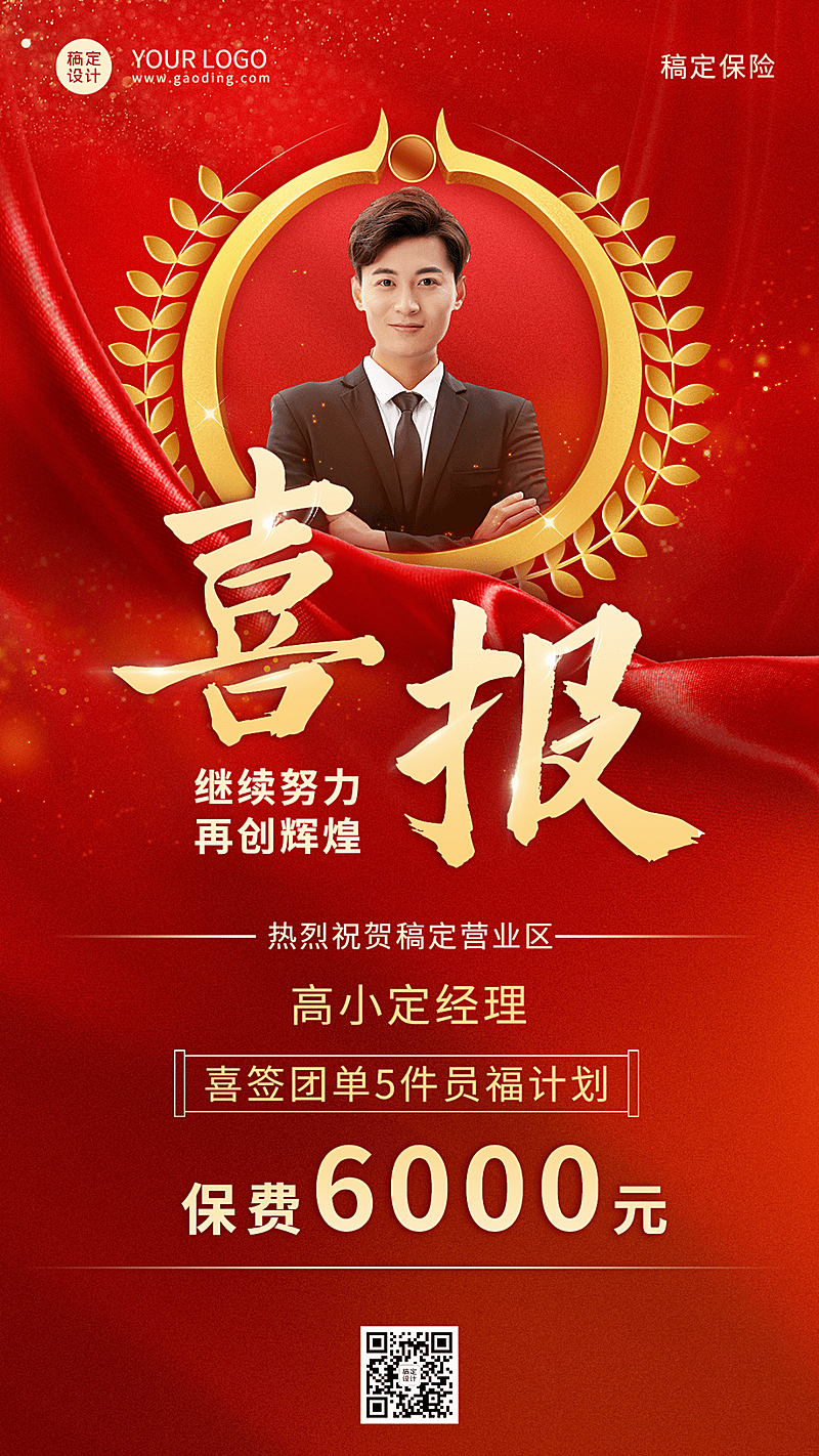 金融保险销售表彰业绩喜报贺报红金喜庆风人物海报