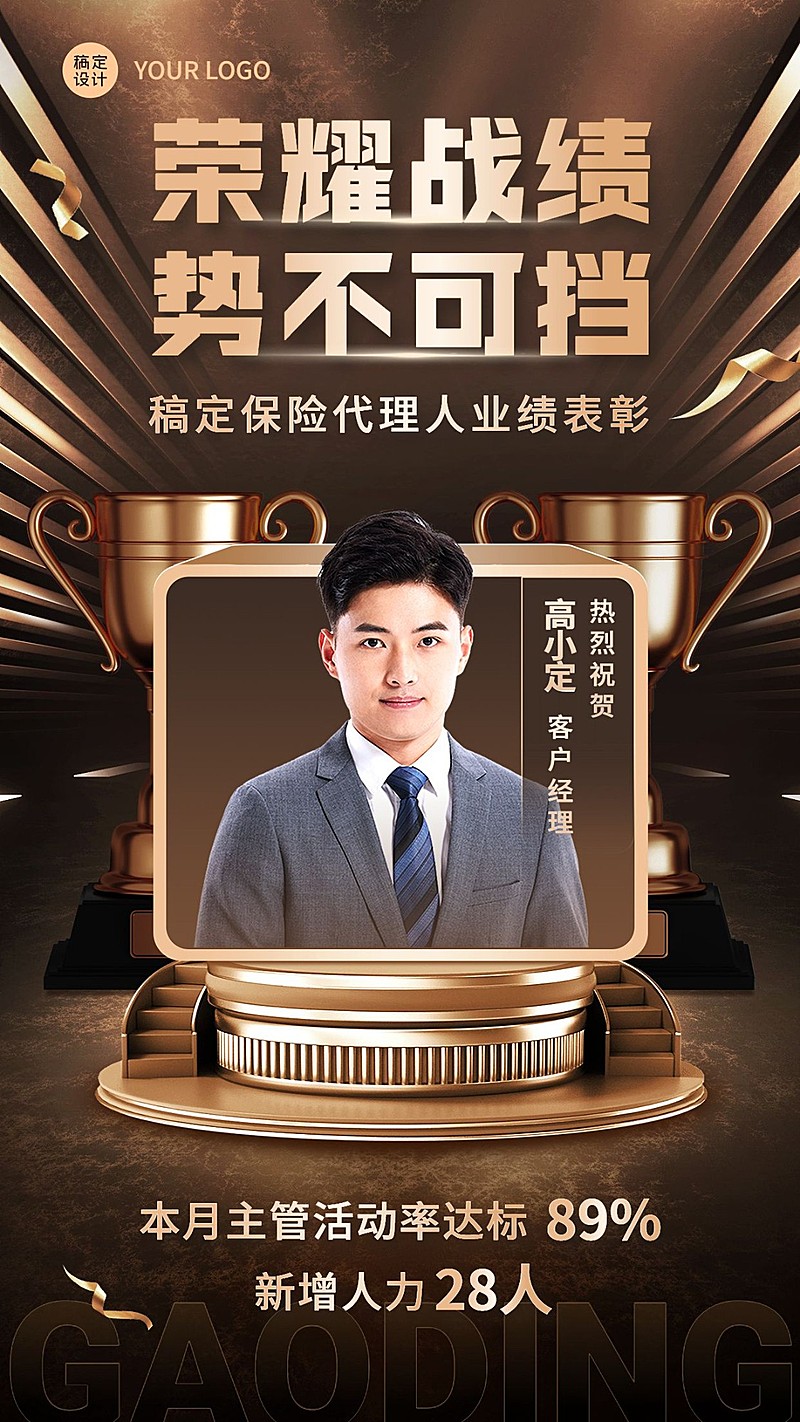 金融保险代理人增员业绩表彰喜报黑金奢华风人物手机海报
