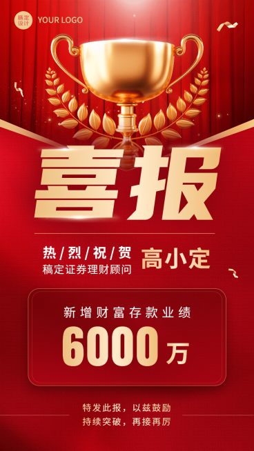 金融证券销售业绩表彰喜报红金喜庆风手机海报预览效果