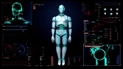 在数字接口中旋转透明3D机器人本体。显示。