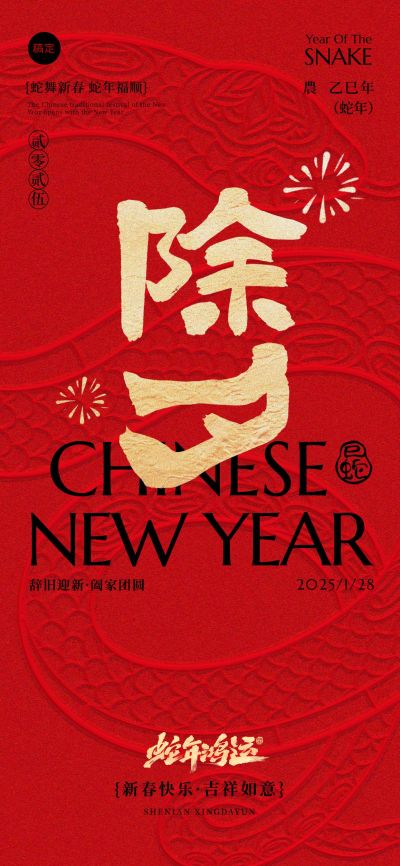 春节除夕蛇年贺岁立体蛇纹祝福海报