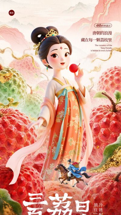 长安的荔枝水果国风人物荔枝背景全屏海报AIGC