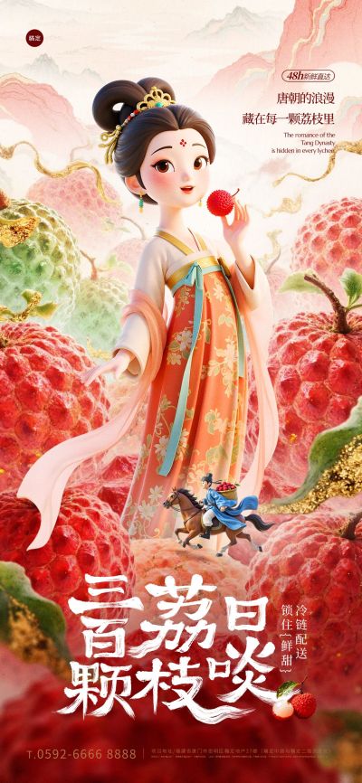长安的荔枝水果国风人物荔枝背景全屏海报AIGC