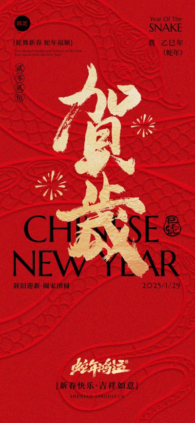春节蛇年贺岁立体蛇纹祝福海报