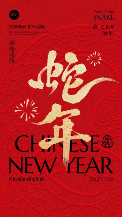 春节蛇年贺岁立体蛇纹祝福海报