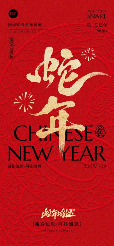 春节蛇年贺岁立体蛇纹祝福海报