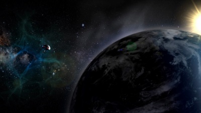 未来的宇宙飞船飞过。
