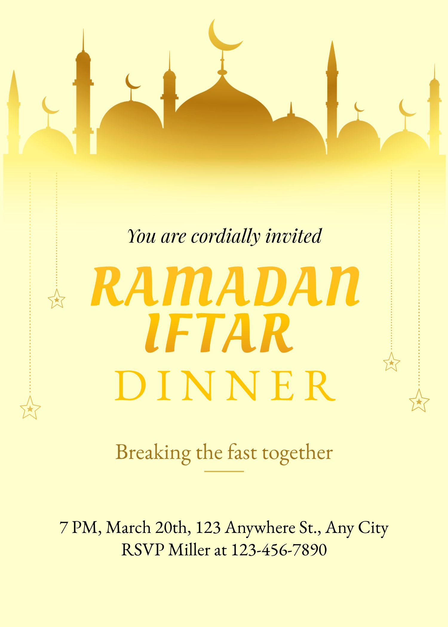 Luxury Style Yellow Color Star Element Ramadan gathering party invitation Letter