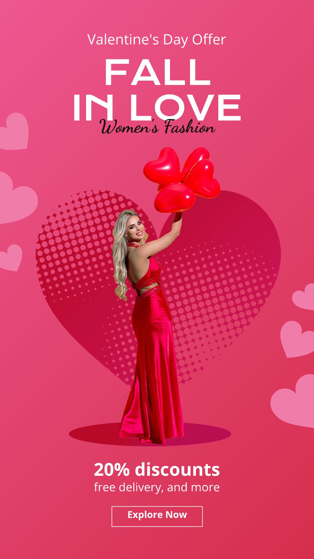 点击进入编辑 Pink Hearts Campaign Women's Fashion Dia dos namorados Discount Sale Promo Ecommerce Story预览效果