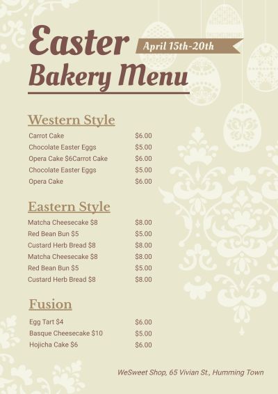 Literary Style Pattern Element Easter Dessert Bakery Shop Pastry Menu