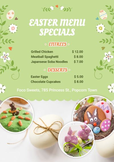 Fresh Style Cartoon Green Plants Element Easter Food and Dessert Bakery Shop Pastry Menu