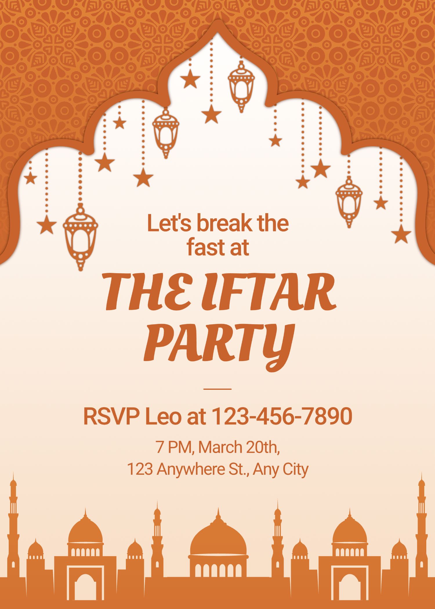 Luxury Style Orange Color System Star Element Ramadan Gathering Party Invitation Letter