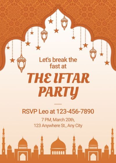 Luxury Style Orange Color System Star Element Ramadan Gathering Party Invitation Letter