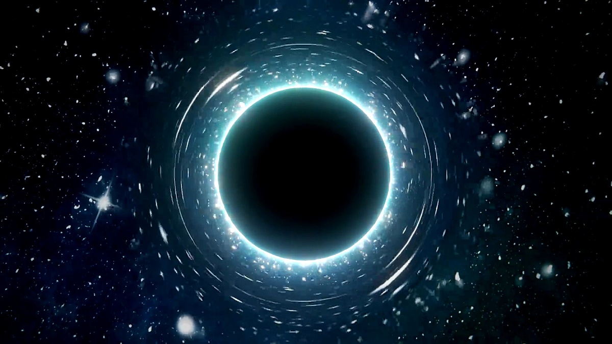背景中大质量黑洞和恒星的奇异性。3D渲染循环动画。