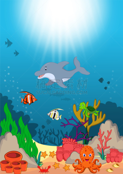 自然美,水下,卡通,生物学,可爱的,海洋生命,环境,野生动物,海豚,海龟