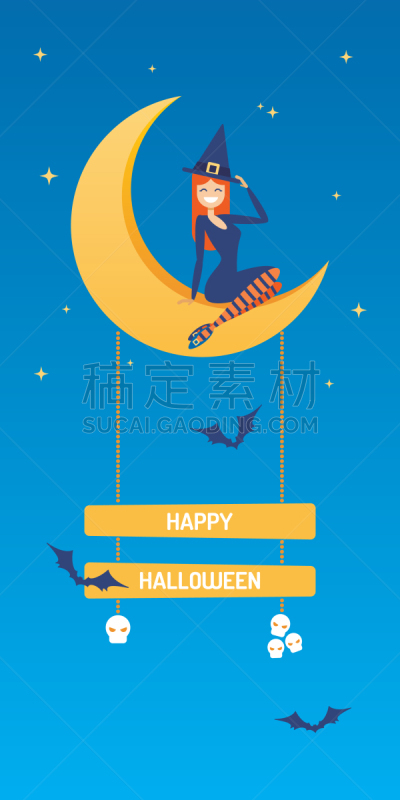 新月形,可爱的,矢量,月亮,女巫,卡通,儿童,女孩