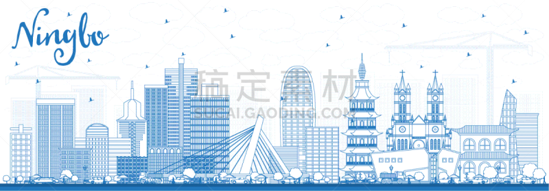 宁波市,城市天际线,轮廓,蓝色,旅途,商务,直的,鸟类,建筑