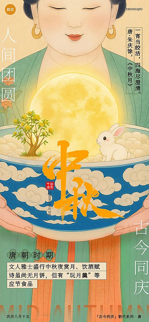 中秋节祝福古今同庆朝代系列中式感全屏竖版海报AIGC