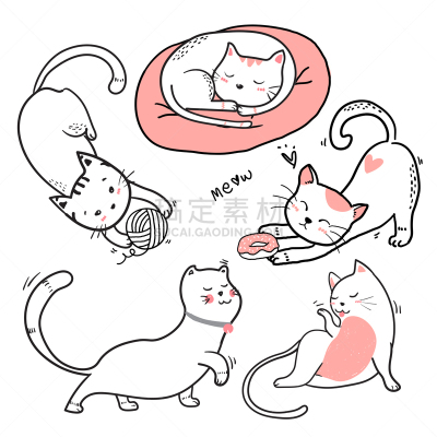 嬉戏的,乱画,可爱的,卡通,粉色,绘画插图,轮廓,猫,白色,收集