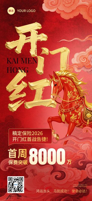 金融马年开门红业绩喜报红金全屏竖版海报AIGC预览效果