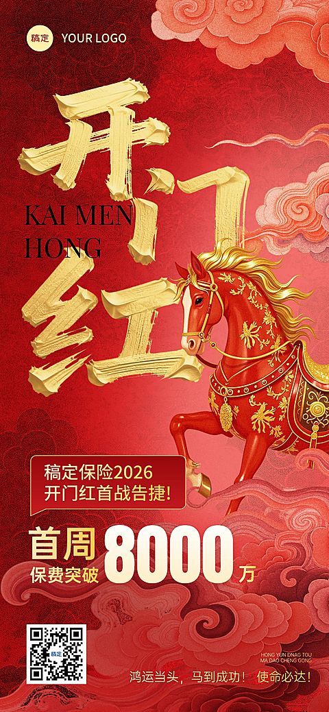 金融马年开门红业绩喜报红金全屏竖版海报AIGC