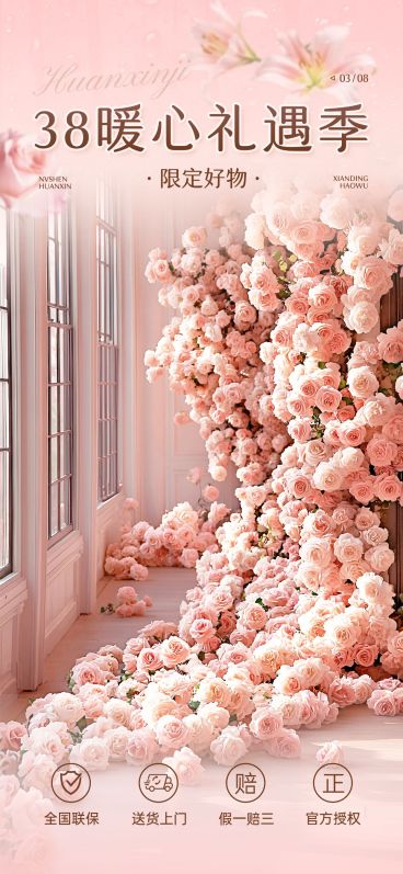 三八妇女节女神节梦幻感欧式建筑玫瑰百合直播背景贴片套装AIGC预览效果