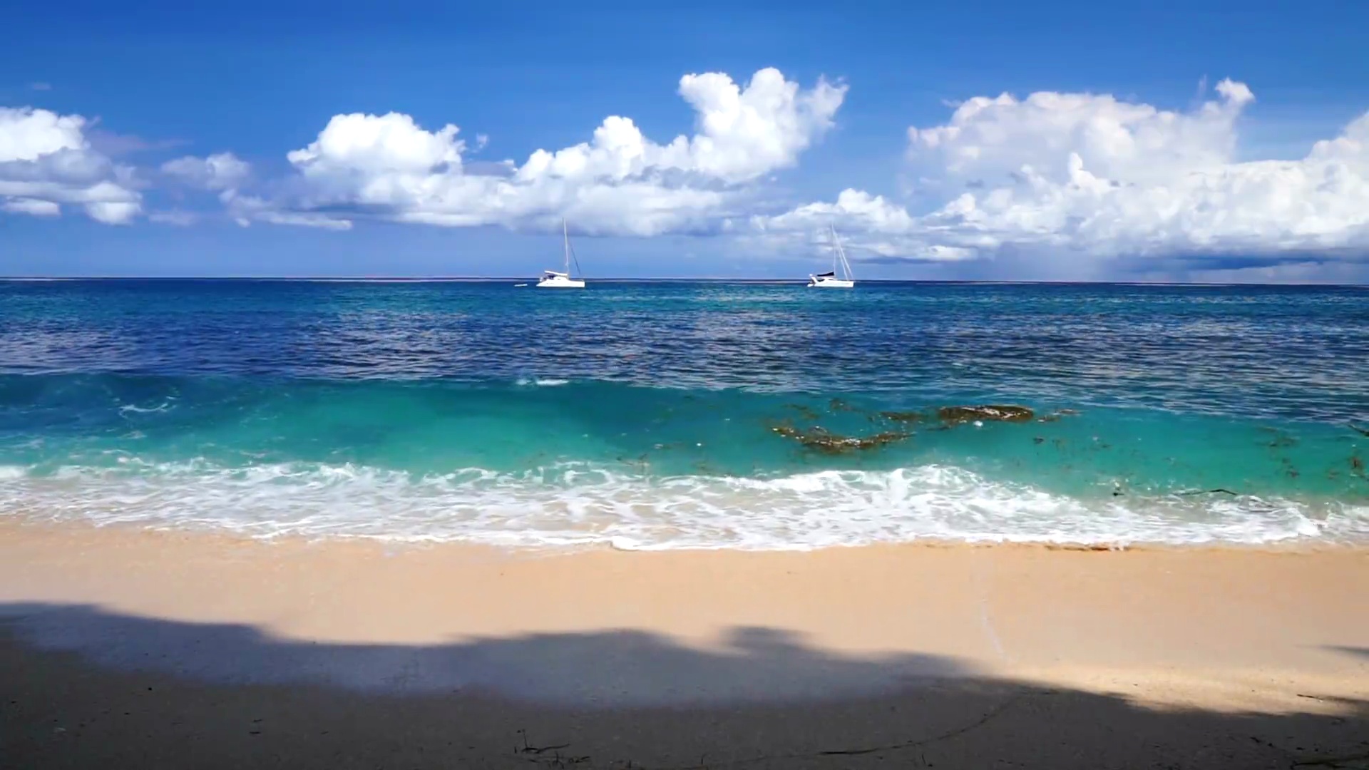 海浪冲刷的沙滩，背景是游艇