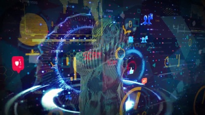 AI女人和抬头展示。哈德。桂。物联网(IoT)未来图形用户界面概念