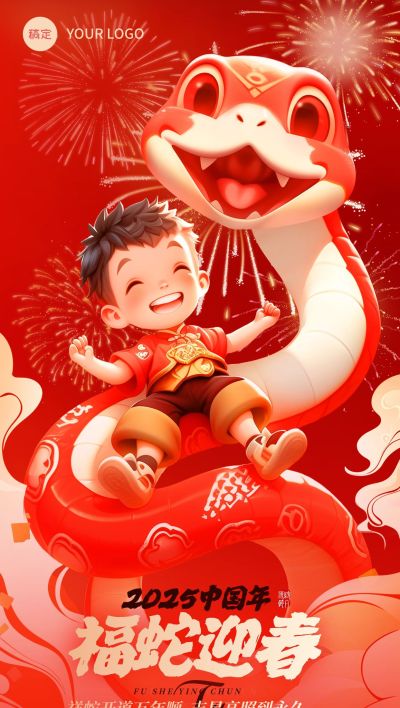 春节蛇年商品零售节日祝福全屏竖版海报AI