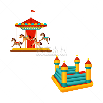 充气城堡,充气品,旋转类游乐,平坦的,分离着色,白色,图像,公园,小马