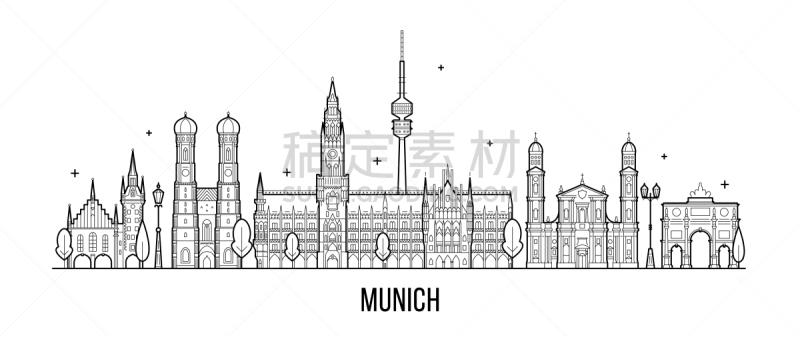 城市天际线,德国,慕尼黑,建筑外部,城市,商务,直的,夏天,剪影