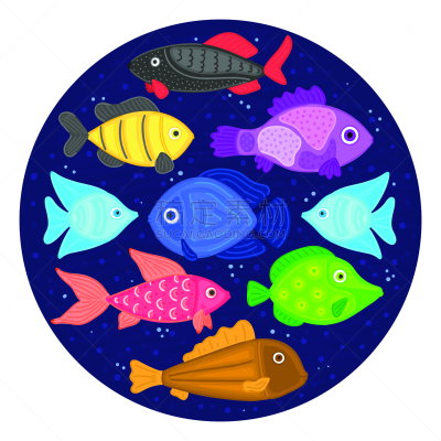 海洋生命,双鱼座,卡通,圆形,水下,鱼类,水族馆,多色的,矢量,可爱的