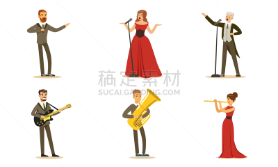女人,绘画插图,音乐人,男人,矢量,歌手,舞台,无尾礼服,流行音乐会,现代