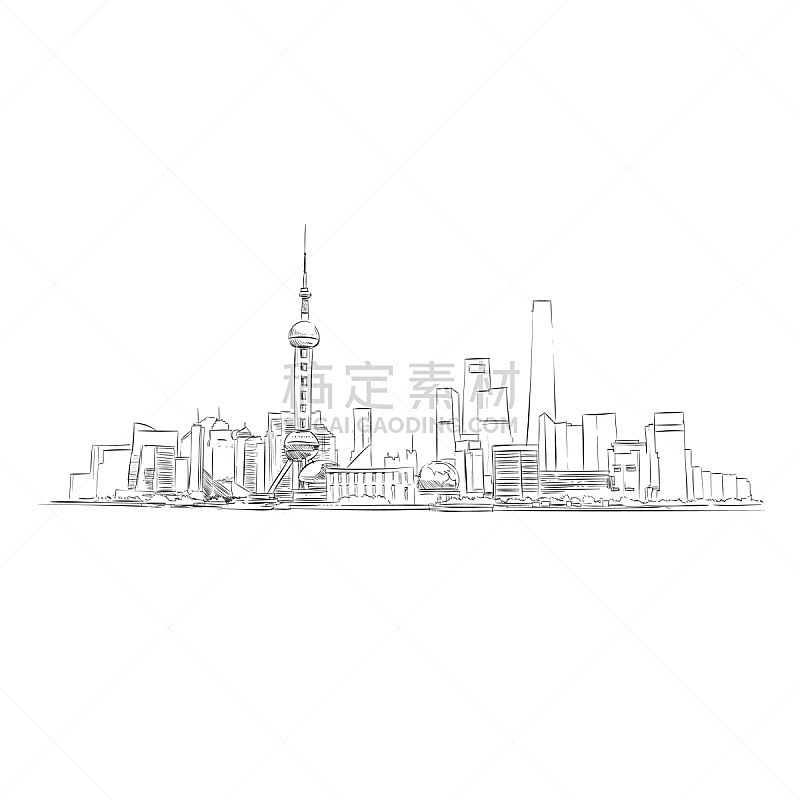 上海,草图,手,都市风景,城市,建筑,办公大楼,矢量,绘制
