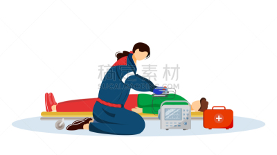 紧迫,健康保健,绘画插图,卡通,病人,急救员,白色,电击去纤颤器,平坦的