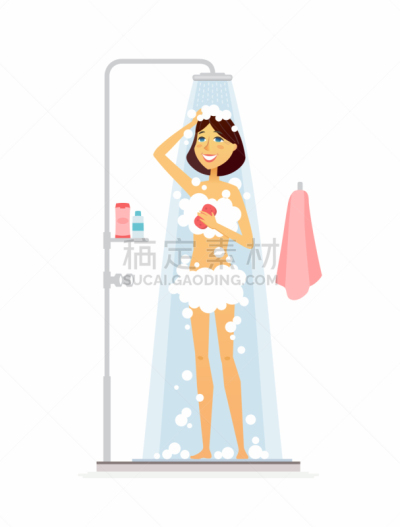 人,青年女人,卡通,分离着色,可爱的,白色,概念,淋浴,取得
