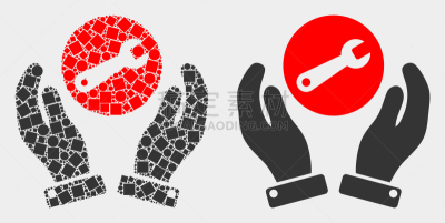 手,像素化,平坦的,计算机图标,扳手,不规则的,长方形,圆形,修理
