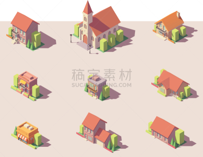 低多边形效果 ,建筑体,房地产,信息图表,房屋,城镇,商店,小的,建筑业,矢量