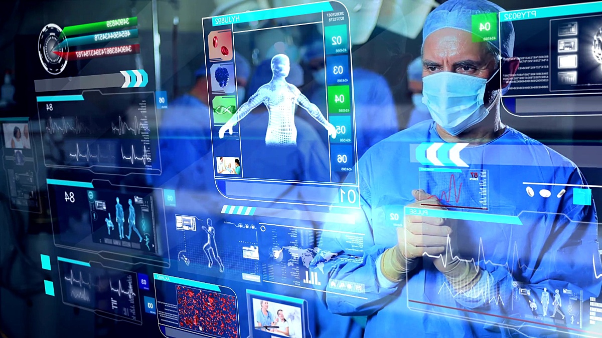 使用3D触摸屏技术的高加索外科医生的CG蒙太奇