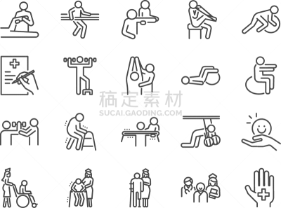 物理疗法,图标集,成一排,健康保健,康复中心,老年男人,护士,专业人员,恢复,希望