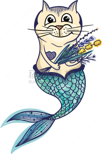 猫,性格,美人鱼,分离着色,可爱的,白色,幻想,图像,海洋