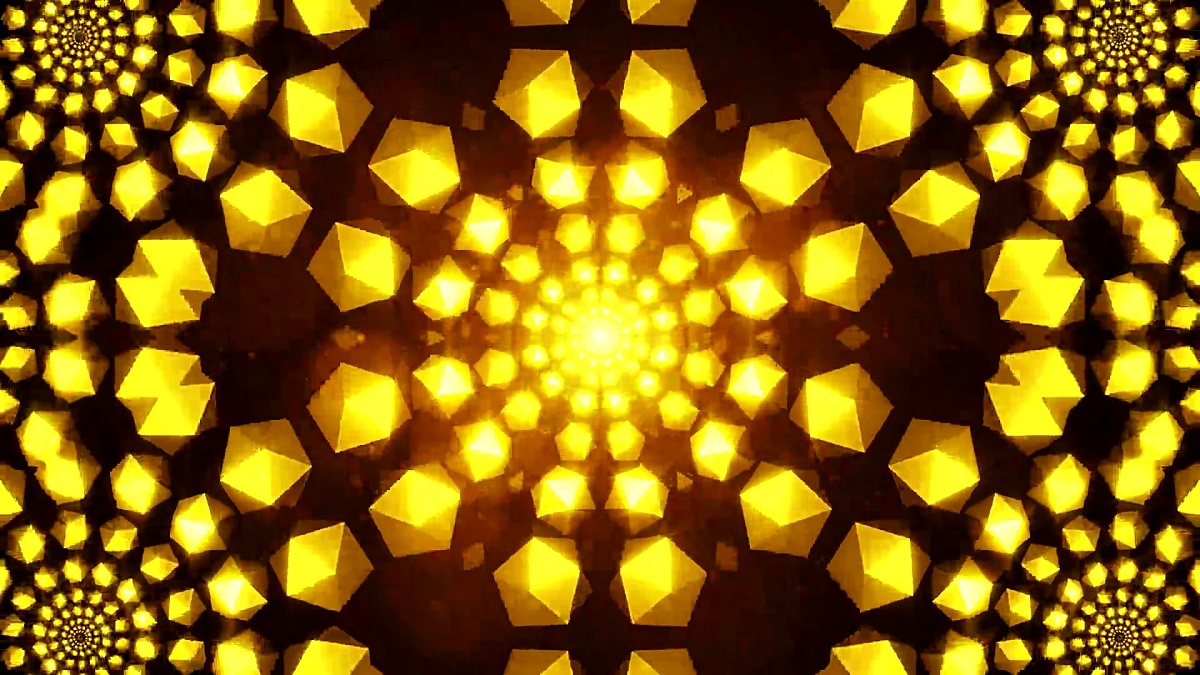 闪烁的金元素形成隧道。3D渲染。