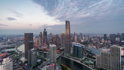 T/L WS HA戏剧性天津城市天际线，日夜过渡/天津，中国