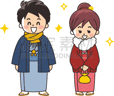 和服,女人,男人,可爱的,婚姻,长袖和服,绘画插图,卡通,日本,伴侣