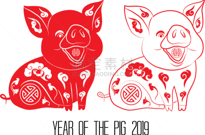 白色,红色,猪,2019,春节,十二宫图,十二生肖,图像