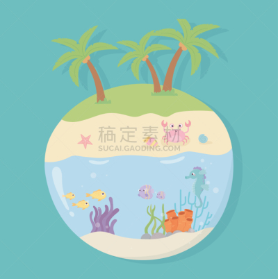 在下面,鱼类,卡通,海星,海马,海滩,岛,海洋,螃蟹
