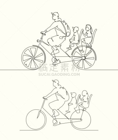 骑自行车,儿童,父亲,脚踏车,线条,运动,家庭,女婴,简单,剪影